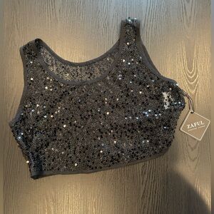 Black Zatul Sequin Mesh Crop Top